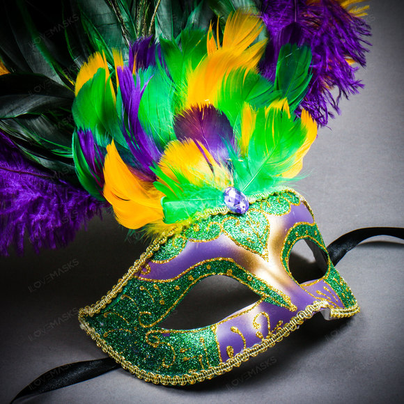 Venetian Glitter Crystal Mardi Gras Mask with Peacock Large Feather Green Yellow - Picture 8 of 9